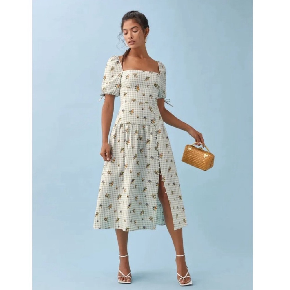 Reformation floral baby blue gingham dress